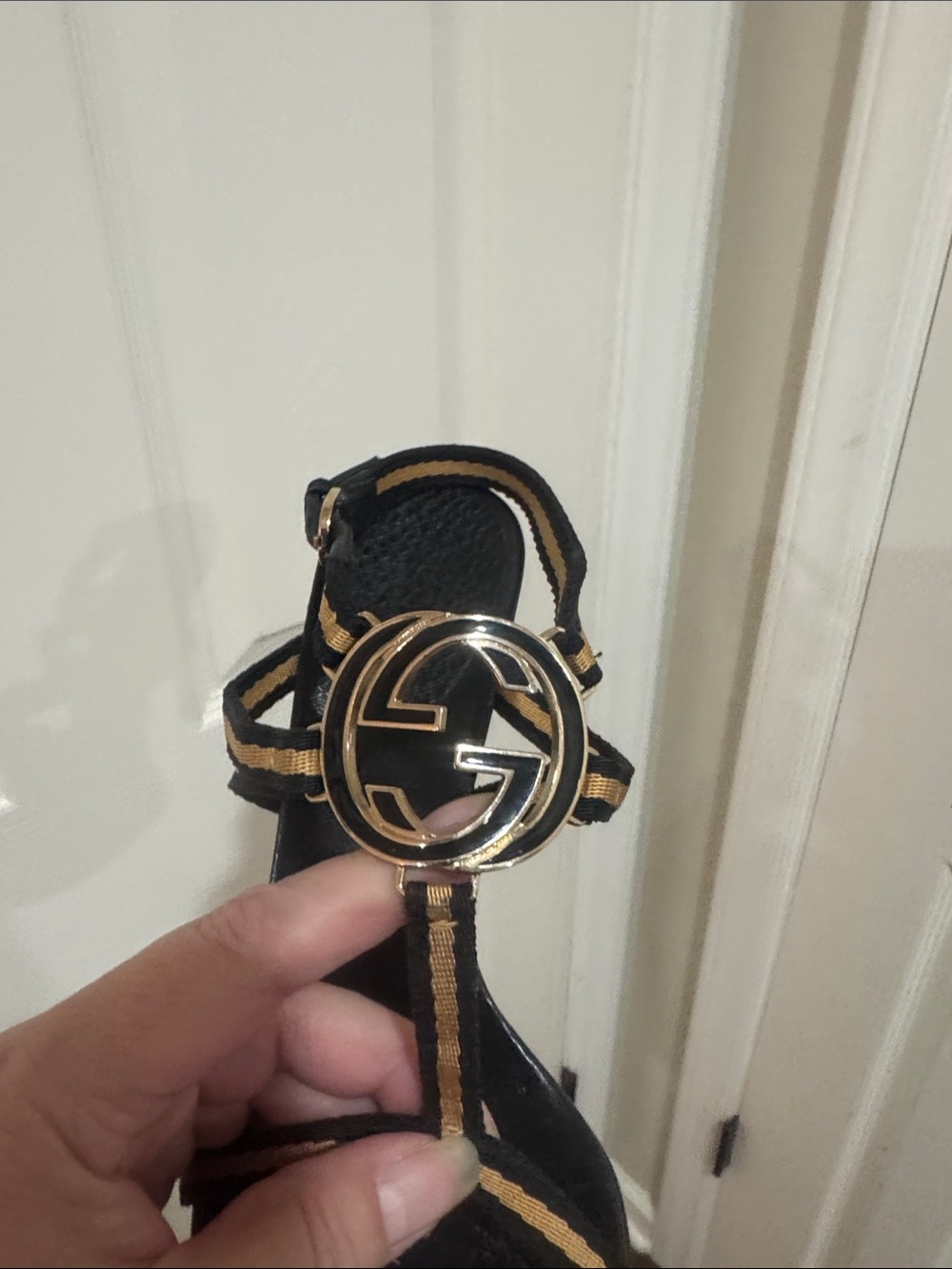 Gucci/Black Leather/Gold FabricT-Strap Heels/Buckle @ Ankle/GOLD GG Accent! 6.5! - Picture 15 of 16